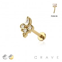 MULTI CZ MARQUISE CLUSTER WITH THREE ROUND CZ THREADLESS (PUSH IN) 316L SURGICAL STEEL LABRET SET